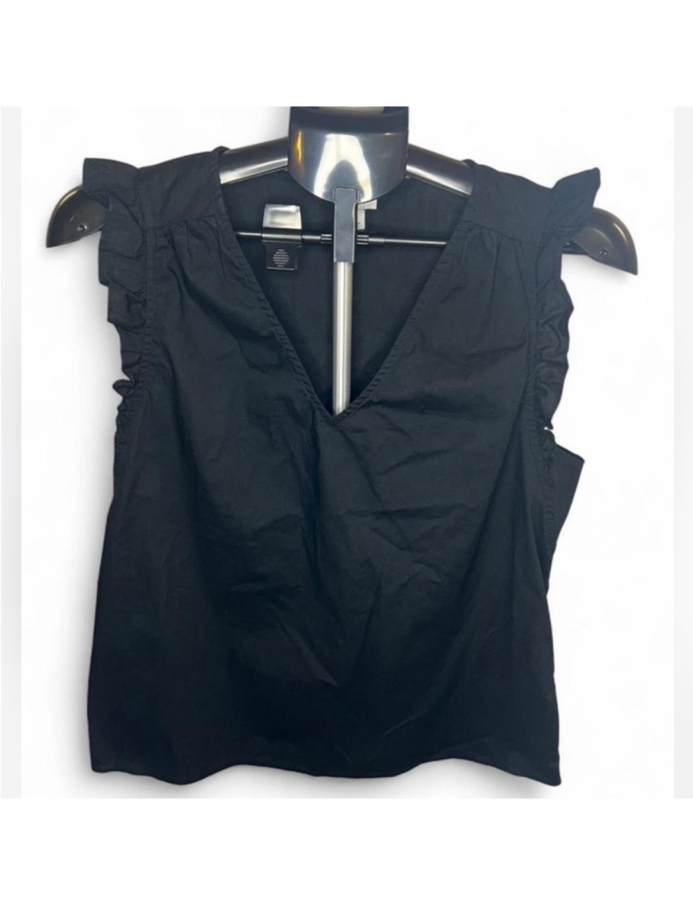J.Crew Black Ruffle Sleeve V-Neck Poplin Top Small | Feminine Blouse